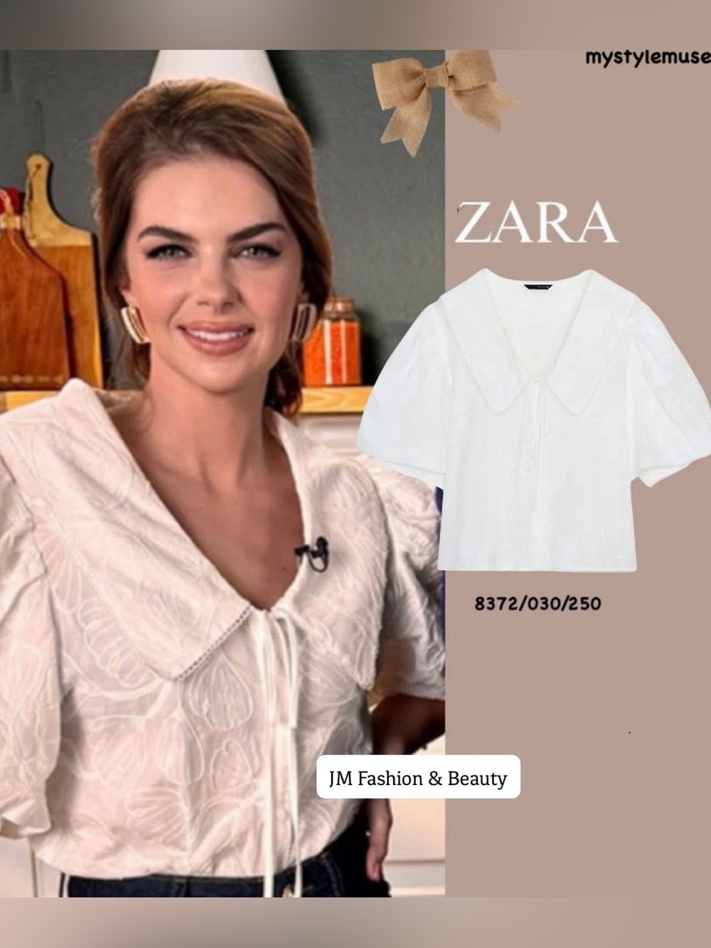 Zara Brandnew S- White Eyelet Tie-Collar Puff Sleeve Blouse - Picture 5 of 7